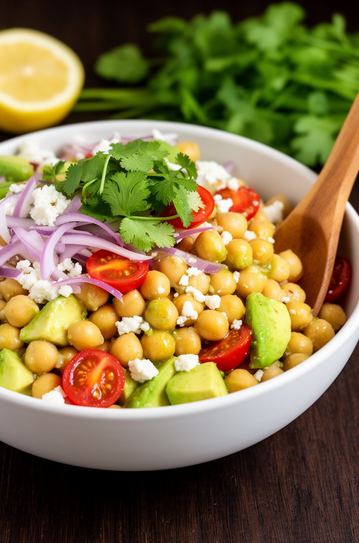 Side-angle close-up shot of the finished dressed chickpea salad in a white bowl, captured at roughly 30 degrees showing the height and abundance of the salad. Lemon vinaigrette visibly coating the gol