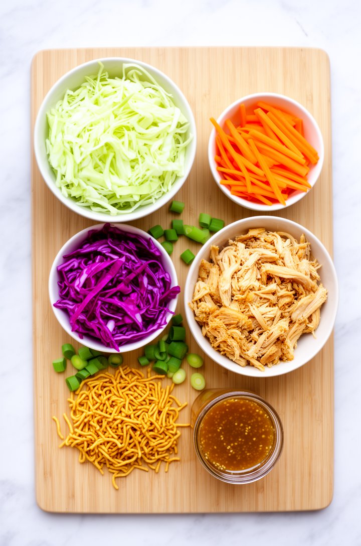 Overhead flat-lay of all Chinese chicken salad ingredients arranged in small bowls on a light wooden cutting board — a bowl of finely shredded pale green napa cabbage, a bowl of deep purple-magenta re