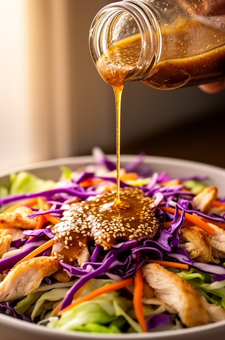 Close-up action shot of amber sesame-ginger dressing being poured from a small glass jar onto a large bowl of colorful Chinese chicken salad, the dressing catching the light as it drizzles in a thin s