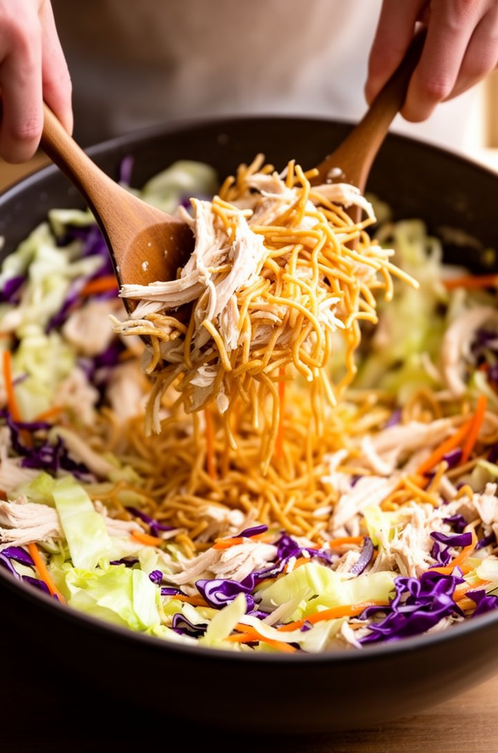 Extreme close-up of hands tossing Chinese chicken salad in a large dark bowl with wooden serving spoons, showing the vibrant mix of pale green napa cabbage, deep purple red cabbage, bright orange carr