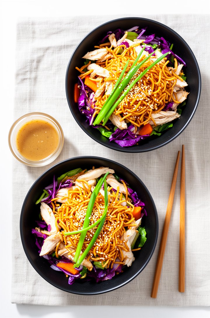Overhead shot of two black ceramic bowls filled with finished Chinese chicken salad, topped with a generous scattering of golden crispy fried noodle strips, white sesame seeds, and thin-sliced green o