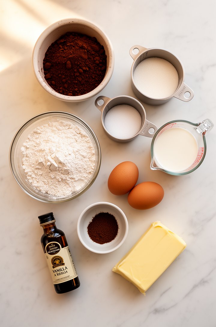 Overhead flat-lay of chocolate cake ingredients arranged on a white marble surface — a bowl of dark cocoa powder, measuring cups of flour and sugar, two brown eggs, a small bowl of espresso powder, a 