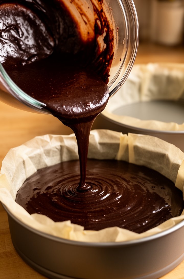 Close-up 45-degree angle shot of dark chocolate cake batter being poured from a large glass bowl into a parchment-lined 9-inch round cake pan, the batter is thin and glossy with a deep dark brown colo