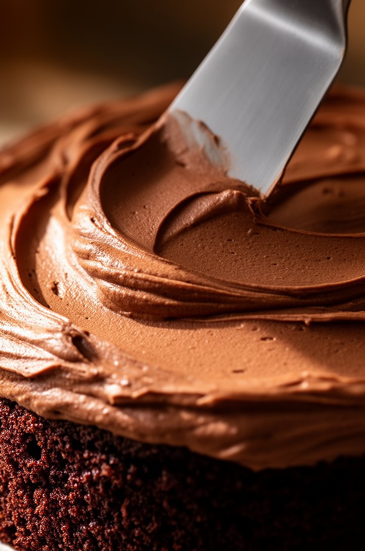 Extreme close-up macro shot of chocolate buttercream frosting being spread with an offset spatula onto a dark chocolate cake layer, showing the creamy thick texture of the frosting with visible swirl 