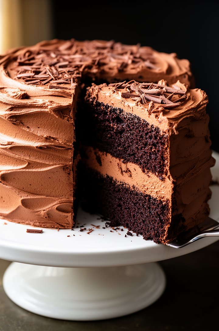Side-angle shot of a finished two-layer chocolate cake on a white ceramic cake stand, thick chocolate buttercream frosting between layers and covering the entire surface with rustic swirl patterns fro