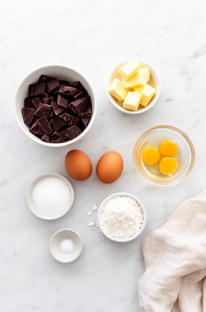 Overhead flat-lay of lava cake ingredients arranged on a white marble surface — a bowl of chopped dark bittersweet chocolate, a small dish of cubed butter, two whole eggs and two separated yolks in a 