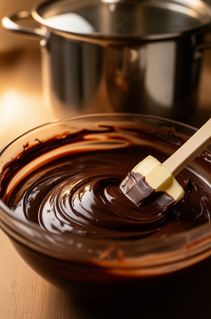 Close-up 45-degree angle shot of melted dark chocolate and butter swirled together in a glass bowl, glossy and smooth with a rich deep brown color, a spatula resting in the mixture, warm side lighting