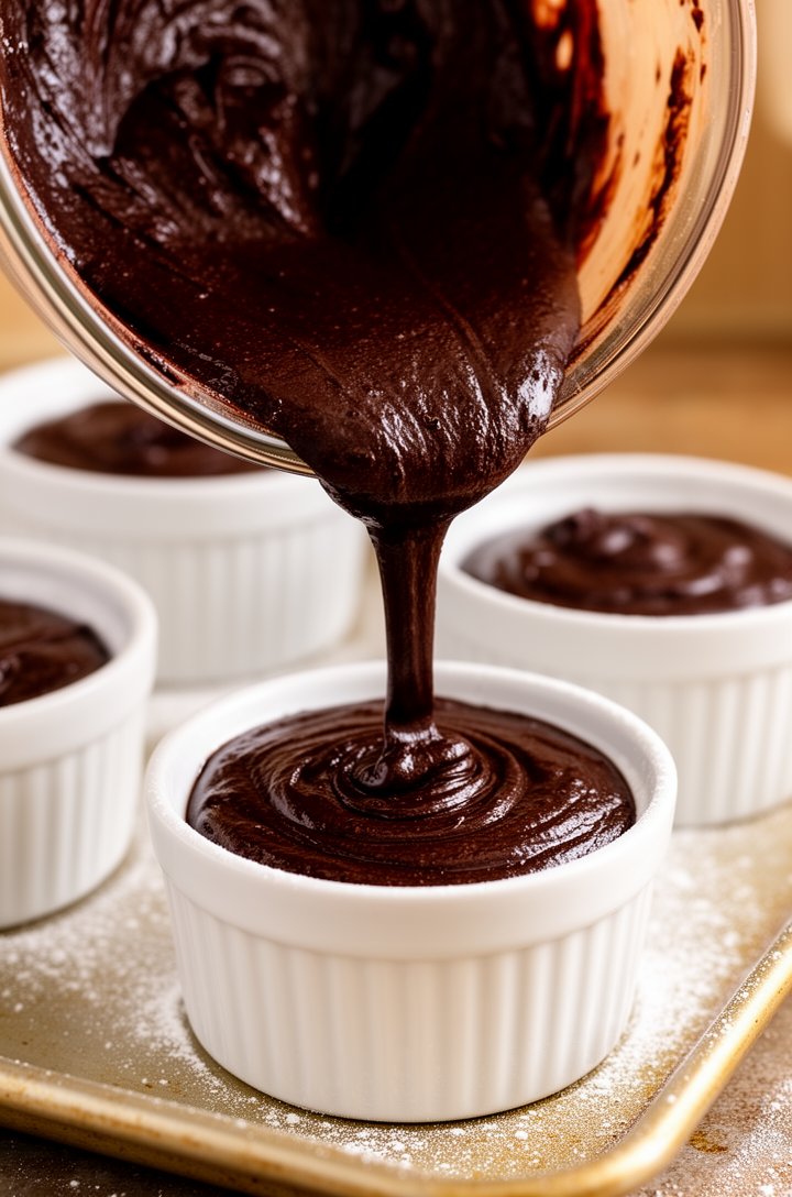 Side-angle shot of thick dark chocolate batter being poured from a mixing bowl into a buttered and floured white ceramic ramekin on a baking sheet, the batter is glossy and dark, three other filled ra
