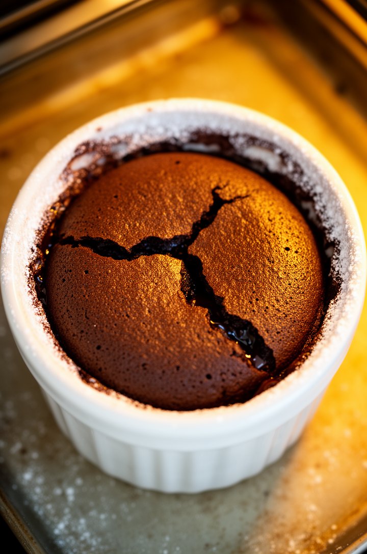 Extreme close-up of a chocolate lava cake fresh from the oven still in a white ramekin on a baking sheet, the top is slightly domed and has a thin crack revealing dark chocolate underneath, the edges 