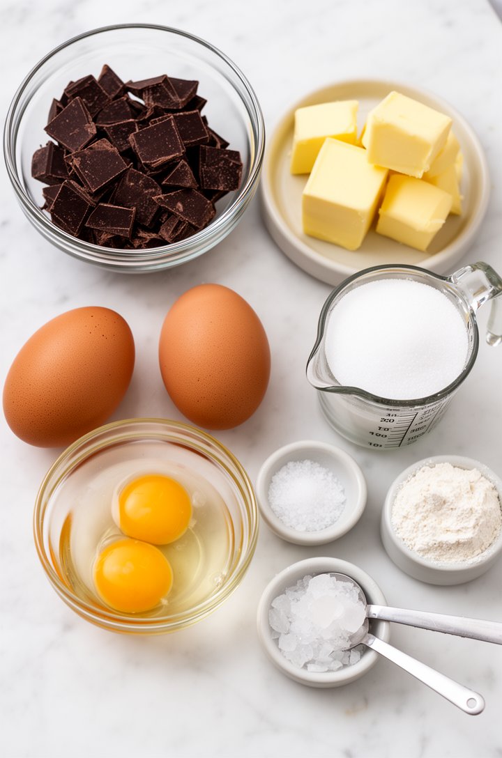 Overhead flat-lay of all lava cake ingredients measured and arranged on a white marble surface: a glass bowl of roughly chopped dark bittersweet chocolate pieces, cubed golden butter on a small plate, two whole brown eggs and two yolks separated in a clear glass ramekin, granulated white sugar in a measuring cup, a pinch of flaky salt in a tiny bowl, two tablespoons of flour in a small dish, bright even natural lighting from above, clean minimal food prep styling