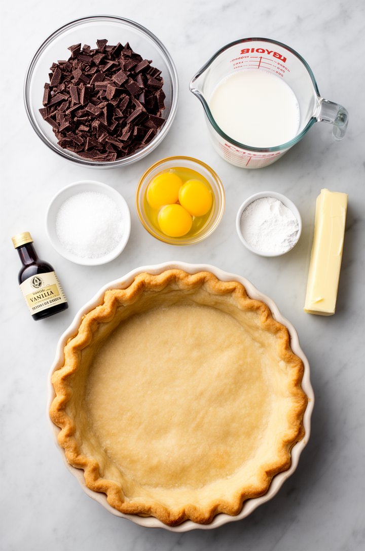 Overhead flat-lay of chocolate pie ingredients arranged on a light marble countertop: a bowl of finely chopped dark bittersweet chocolate pieces, a small glass bowl of golden egg yolks, a measuring cu