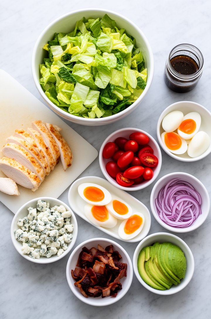 Overhead flat-lay of Cobb salad ingredients laid out in small white prep bowls on a light grey marble surface — chopped romaine in a large bowl, sliced golden chicken breast on a cutting board, halved