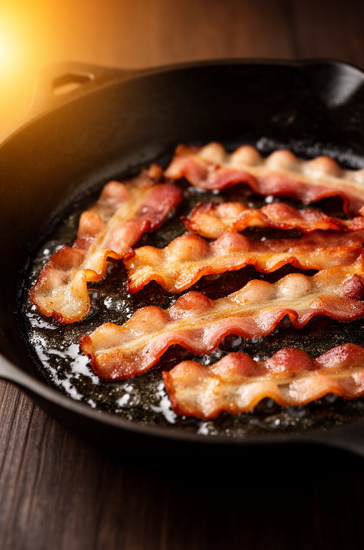 Close-up 45-degree angle of crispy bacon pieces sizzling in a dark cast iron skillet, golden-brown with slightly curled edges, rendered fat glistening in the pan, a few pieces already perfectly crisp 