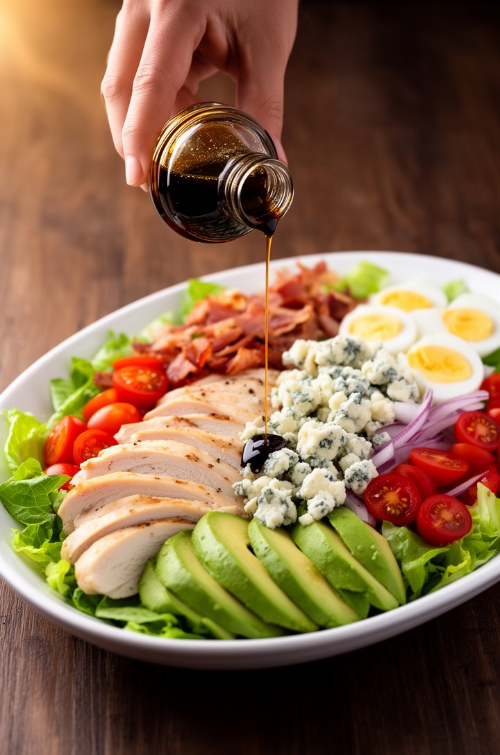 Side-angle shot of a hand drizzling dark balsamic Dijon vinaigrette from a small glass jar over a fully assembled Cobb salad on a white oval platter, neat rows of sliced chicken, fanned avocado, halve