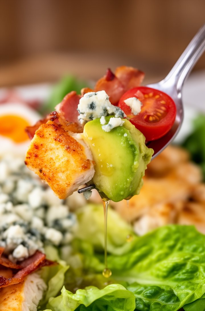 Extreme close-up macro shot of a single forkful of Cobb salad being lifted from the platter, showing a piece of golden chicken, crisp bacon, creamy green avocado, a wedge of bright orange egg yolk, cr