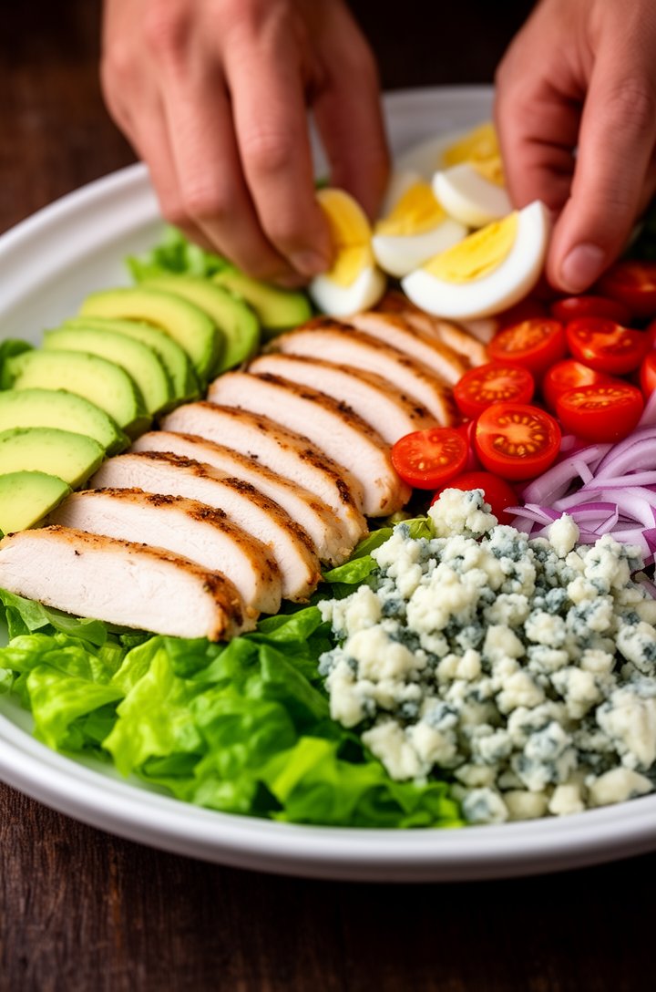 45-degree angle of hands arranging neat rows of ingredients on a large white oval platter — sliced chicken breast, fanned avocado slices, halved cherry tomatoes, and quartered eggs being placed over a bed of chopped green romaine lettuce, half the platter already beautifully arranged with visible blue cheese crumbles and red onion, warm natural side lighting, dark wood table surface