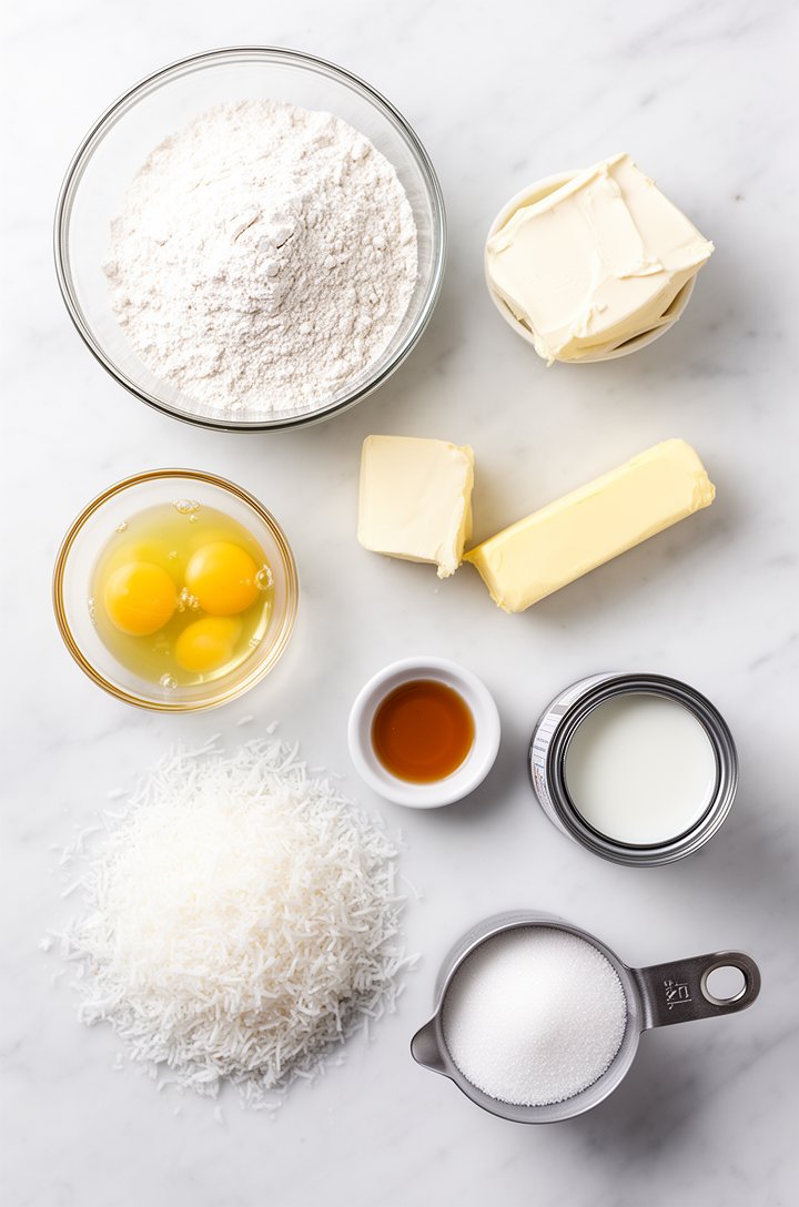 Overhead flat-lay of coconut cake ingredients neatly arranged on a white marble surface — a bowl of sifted cake flour, a small glass bowl of egg whites, a block of softened cream cheese, a stick of bu
