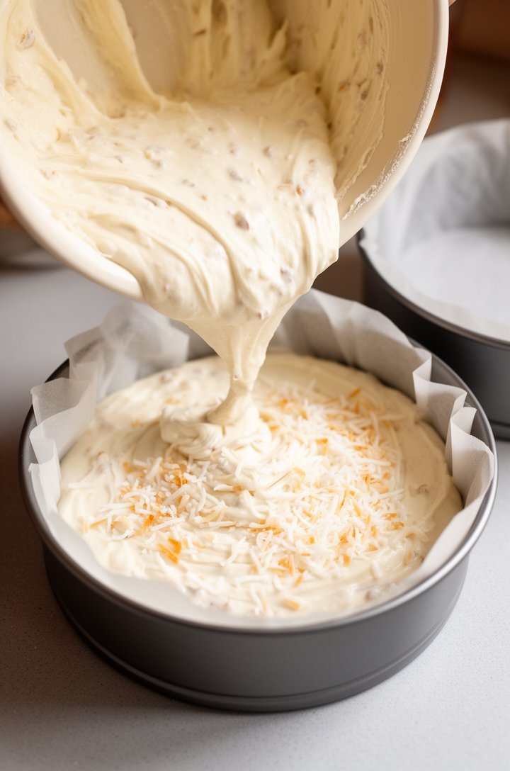 Close-up action shot of thick white cake batter being poured from a mixing bowl into a parchment-lined 8-inch round cake pan, shredded coconut flakes visible throughout the pale batter, a second empty