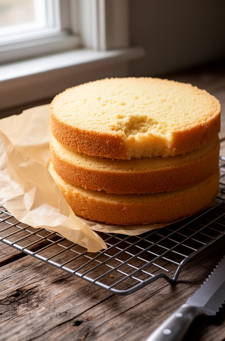 Side-angle shot of three golden-pale cake layers cooling on a wire rack, parchment paper peeled off and lying beside them, the cake tops showing a light golden color and tender even crumb where one la