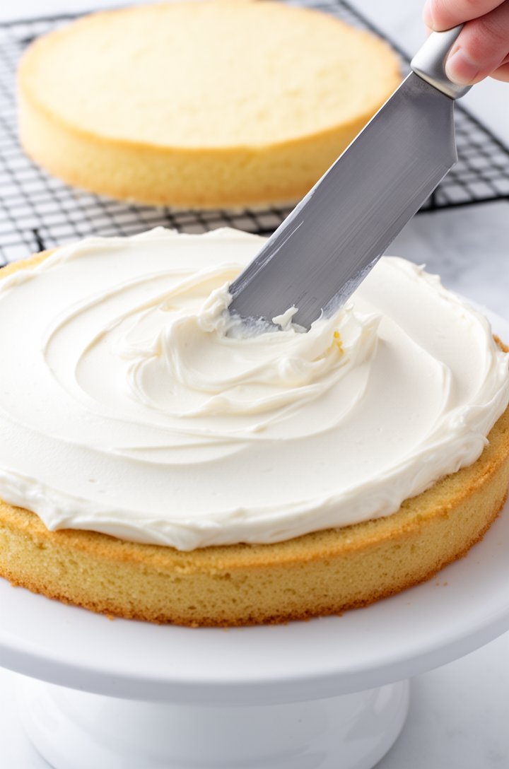 Close-up three-quarter angle of cream cheese coconut frosting being spread with an offset spatula onto the first cake layer sitting on a white ceramic cake stand, the frosting thick and creamy white w