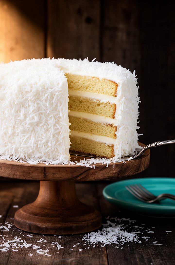 Eye-level dramatic shot of the finished three-layer coconut cake on a rustic wooden pedestal cake stand with one tall slice being lifted away on a vintage silver cake server, revealing three distinct