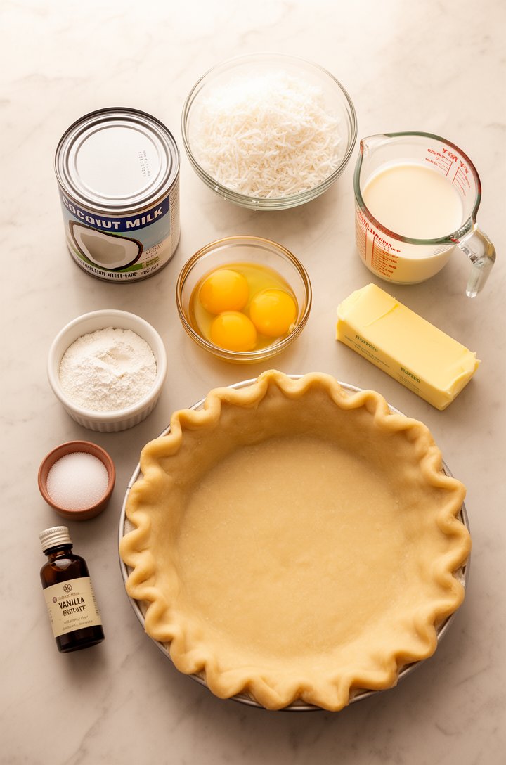 Overhead flat-lay shot of all coconut cream pie ingredients arranged on a light marble countertop — a can of coconut milk, a bowl of shredded coconut, egg yolks in a small glass bowl, a measuring cup 