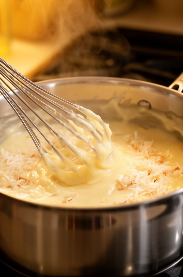 Close-up side-angle shot of a whisk stirring thick, creamy coconut custard in a stainless steel saucepan, custard visibly coating the whisk with a smooth glossy texture, shredded coconut pieces visibl