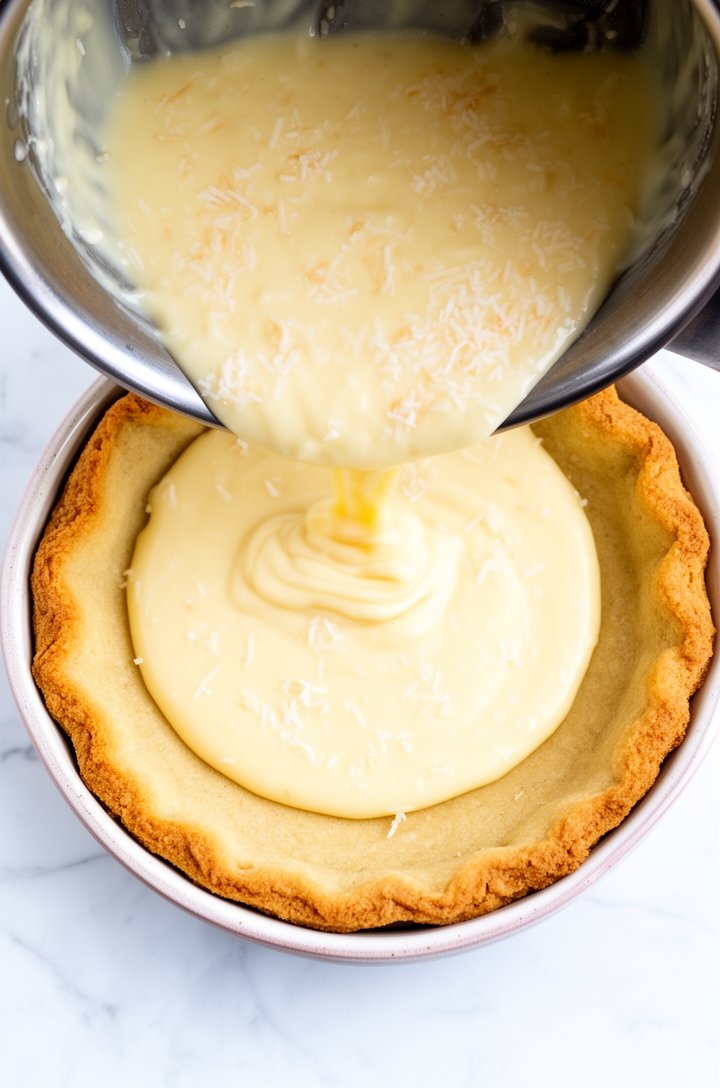 Overhead shot of the coconut custard filling being poured from the saucepan into a golden-brown blind-baked pie crust sitting in a ceramic pie dish, thick pale-yellow custard flowing smoothly, visible