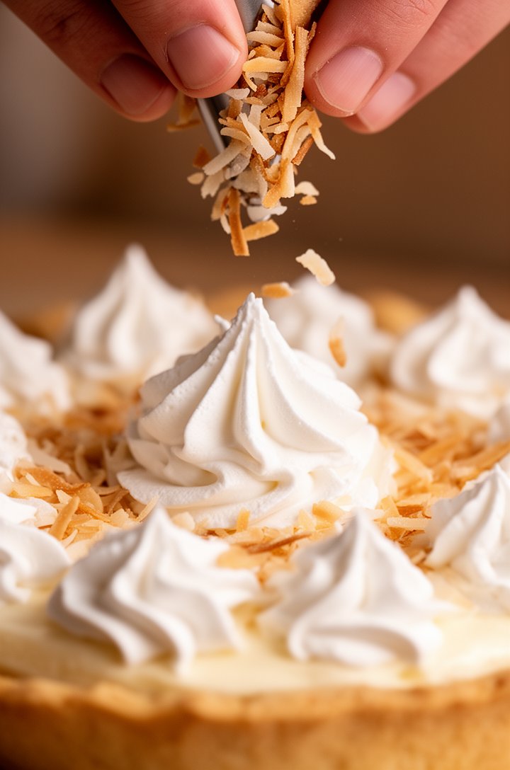 Extreme close-up macro shot of whipped cream being piped in decorative rosettes on top of a set coconut cream pie using a large star piping tip, thick swirls of white whipped cream with visible peaks 