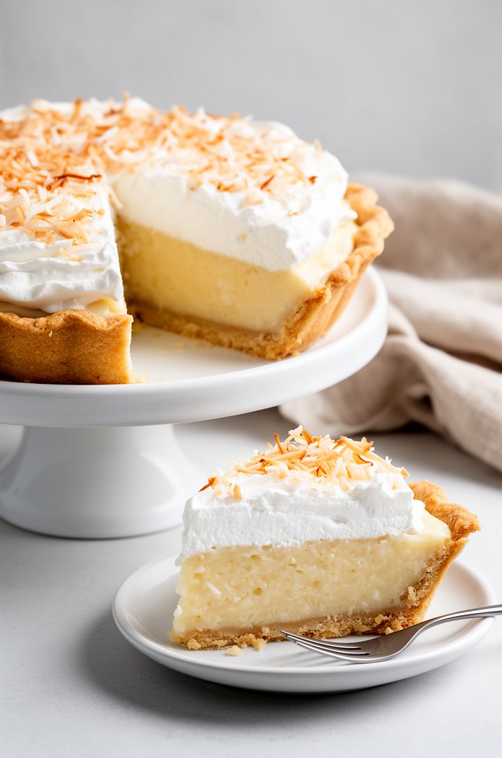 45-degree angle shot of a perfectly sliced coconut cream pie on a white ceramic cake stand, one slice pulled forward on a small dessert plate with a fork, showing the three distinct layers — flaky gol