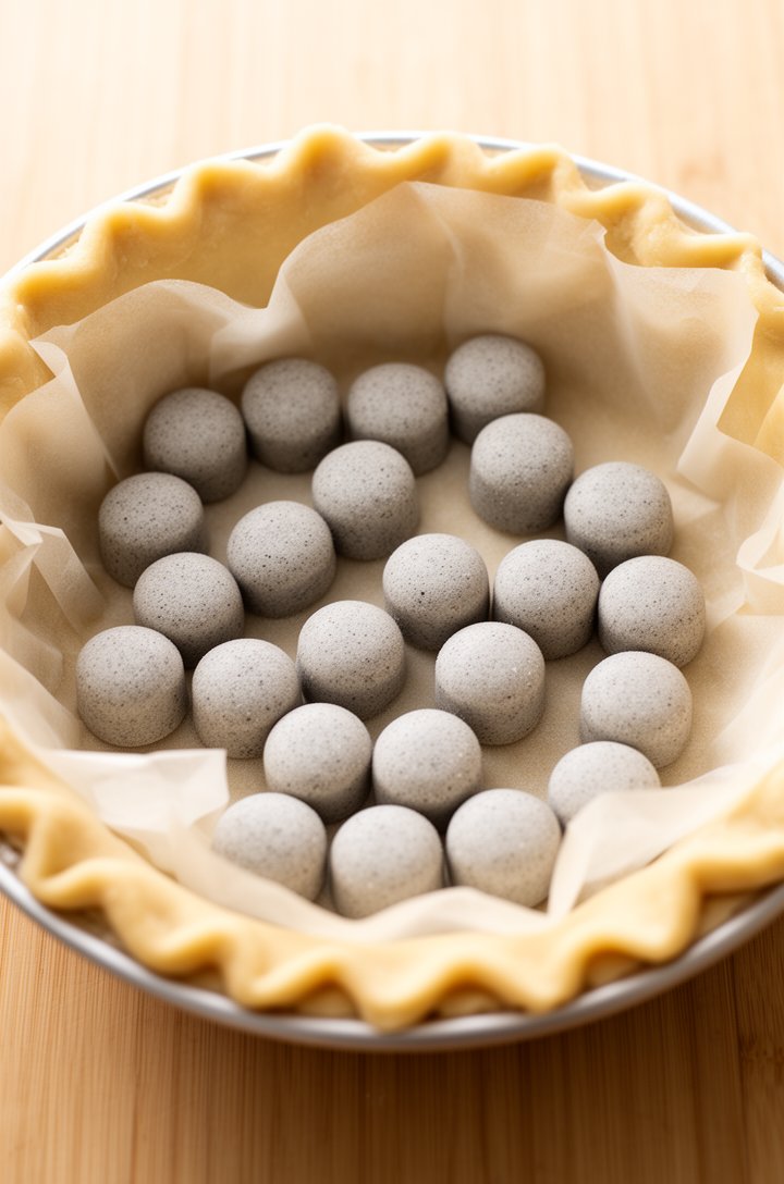 Overhead flat-lay of a 9-inch pie dish lined with raw pie dough, parchment paper and ceramic pie weights filling the center for blind baking, set on a light wooden surface, bright natural window lighting from above, clean and minimal styling