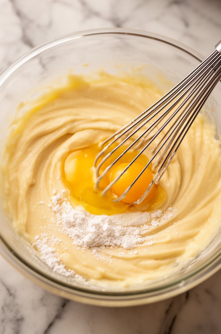 Close-up top-down shot of egg yolks being whisked with cornstarch in a clear glass bowl, thick pale-yellow mixture with whisk marks visible, a stainless steel whisk resting in the bowl, marble countertop background, soft natural lighting