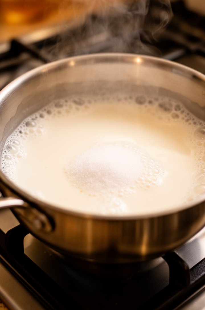 Side-angle close-up of coconut milk and half-and-half mixture beginning to steam and simmer in a medium stainless steel saucepan on a gas stovetop, tiny bubbles forming around the edges, sugar dissolving into the liquid, warm amber tones from the stove light