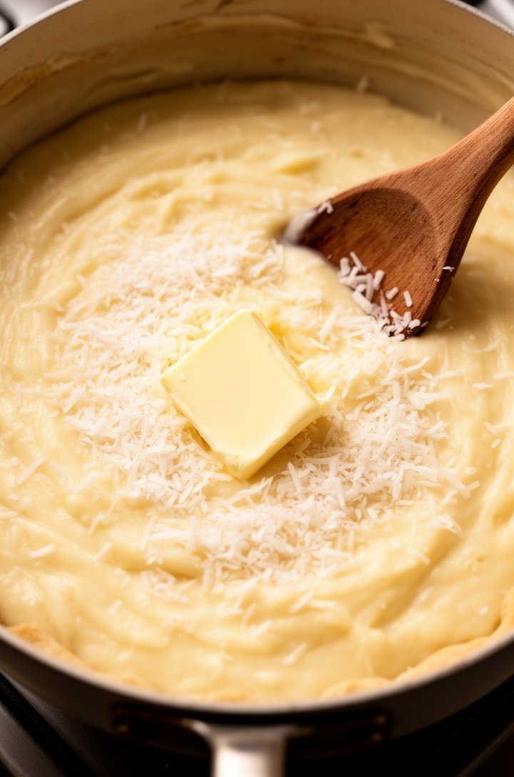 Overhead shot of thick glossy coconut custard in a saucepan with shredded coconut stirred throughout, a pat of butter melting on the surface, a wooden spoon resting across the pan, rich creamy pale-yellow color, warm kitchen lighting