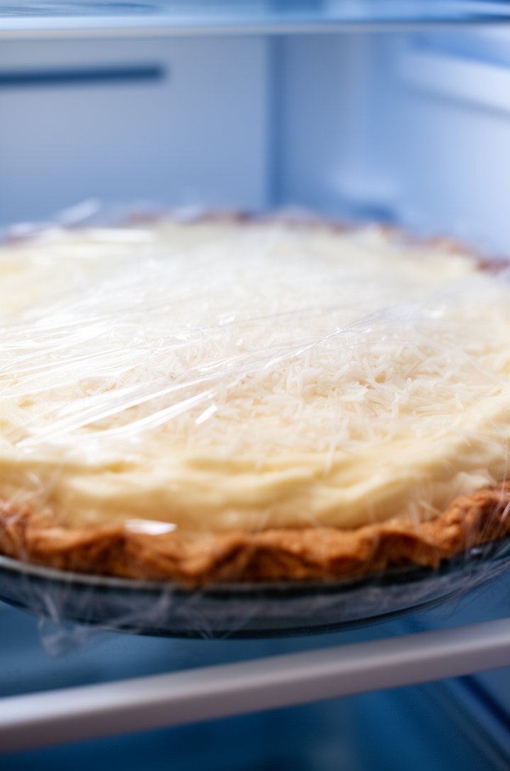 Close-up of the coconut cream pie covered tightly with clear plastic wrap pressed directly onto the custard surface, sitting on a refrigerator shelf, showing the smooth even layer of filling in the pie crust underneath the wrap, cool blue-tinted refrigerator lighting