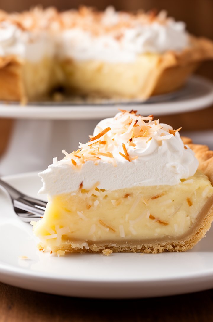 Side-angle shot of a single perfect slice of coconut cream pie on a white dessert plate, fork cutting through showing the creamy custard interior with visible shredded coconut pieces, flaky crust crumbling slightly at the edge, whipped cream and toasted coconut on top, shallow depth of field with the remaining pie on a stand blurred in the background, warm natural lighting