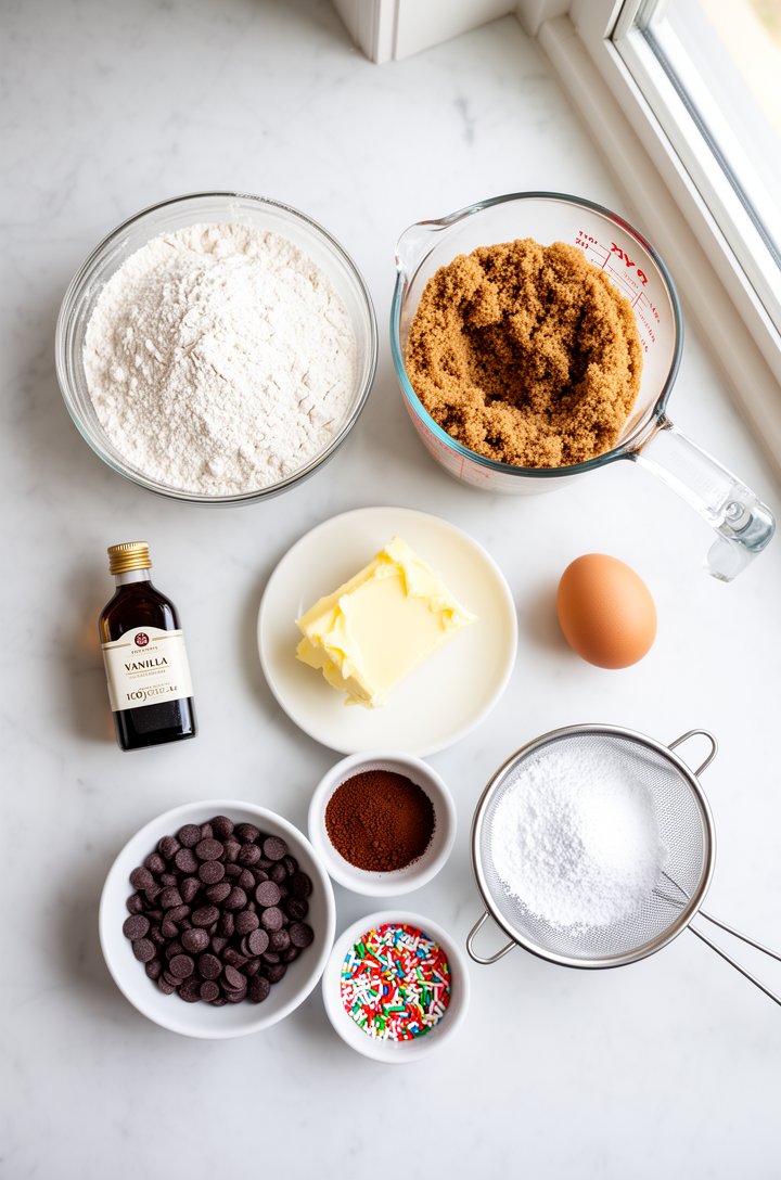 Overhead flat-lay of cookie cake ingredients arranged on a white marble countertop — a bowl of flour, brown sugar in a measuring cup, softened butter on a small plate, an egg, a bottle of vanilla extr