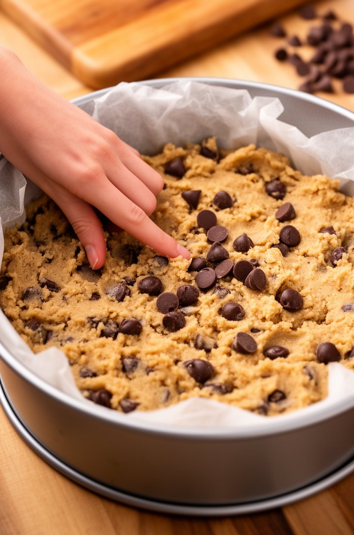 Close-up 45-degree angle shot of cookie dough being pressed into a parchment-lined round metal cake pan with fingertips, showing the thick, chunky dough studded with semi-sweet chocolate chips. A few 