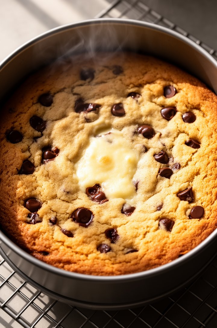 Overhead shot of a golden-brown cookie cake just out of the oven, still in the round cake pan, sitting on a wire cooling rack. The surface is lightly golden with visible chocolate chips partially melt