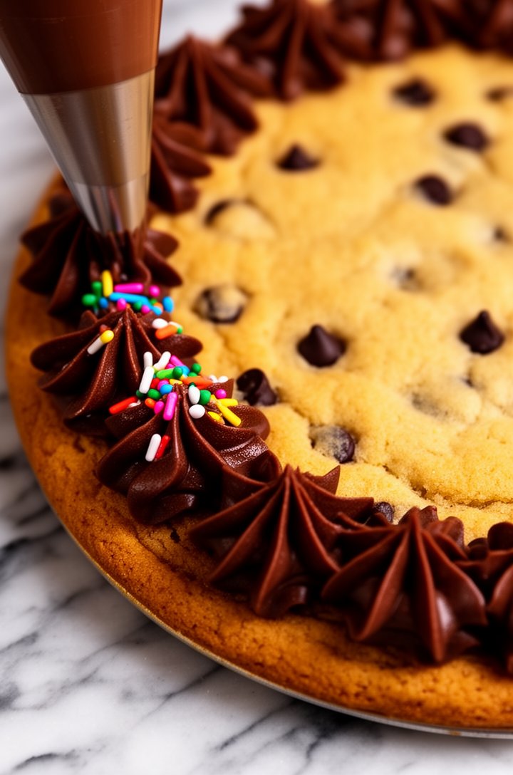 Extreme close-up of chocolate fudge buttercream being piped in star rosettes around the border of a cooled cookie cake using a large star piping tip. Rich, glossy dark chocolate frosting with defined 