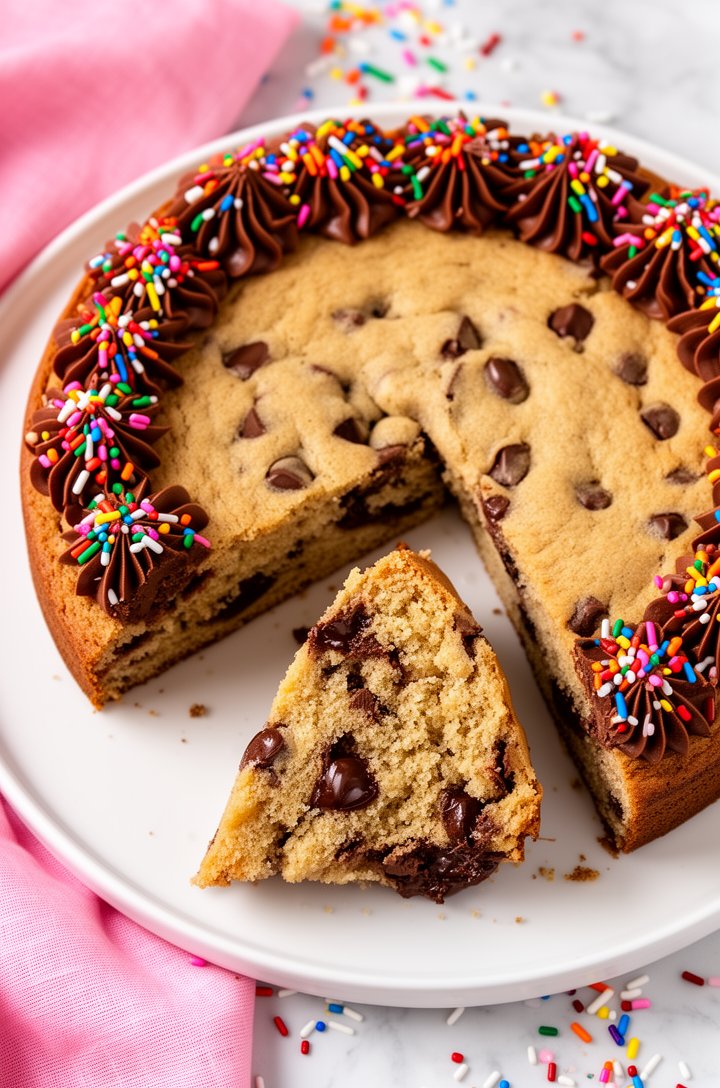 Overhead close-up of the finished chocolate chip cookie cake on a white serving plate, one triangular slice pulled away revealing the thick, soft, chewy interior loaded with melted chocolate chips. Ri