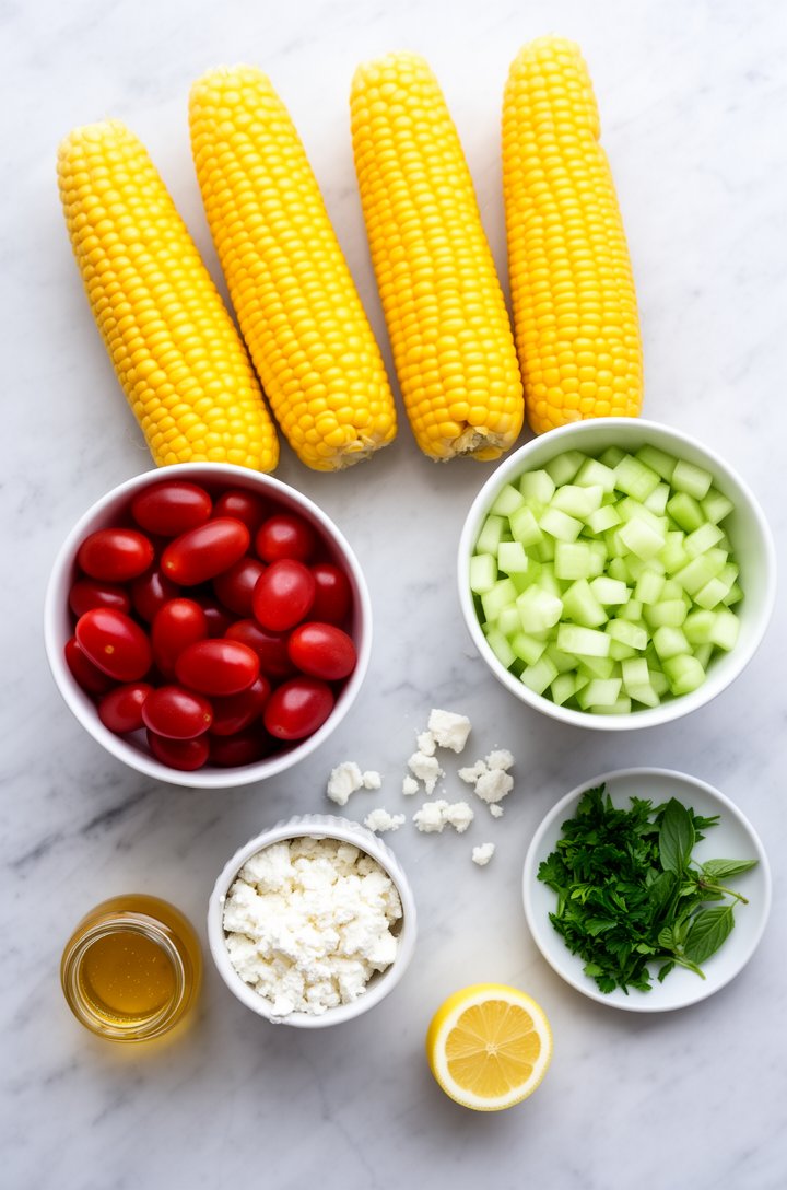 Overhead flat-lay of corn salad ingredients arranged on a light marble surface before mixing — four shucked ears of bright yellow corn, a small bowl of halved ruby-red grape tomatoes, diced pale green