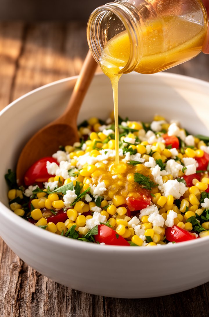 45-degree angle shot of the honey-lemon vinaigrette being poured from a small glass jar over the corn salad in a large white ceramic bowl, golden dressing mid-stream catching the warm side light, colo