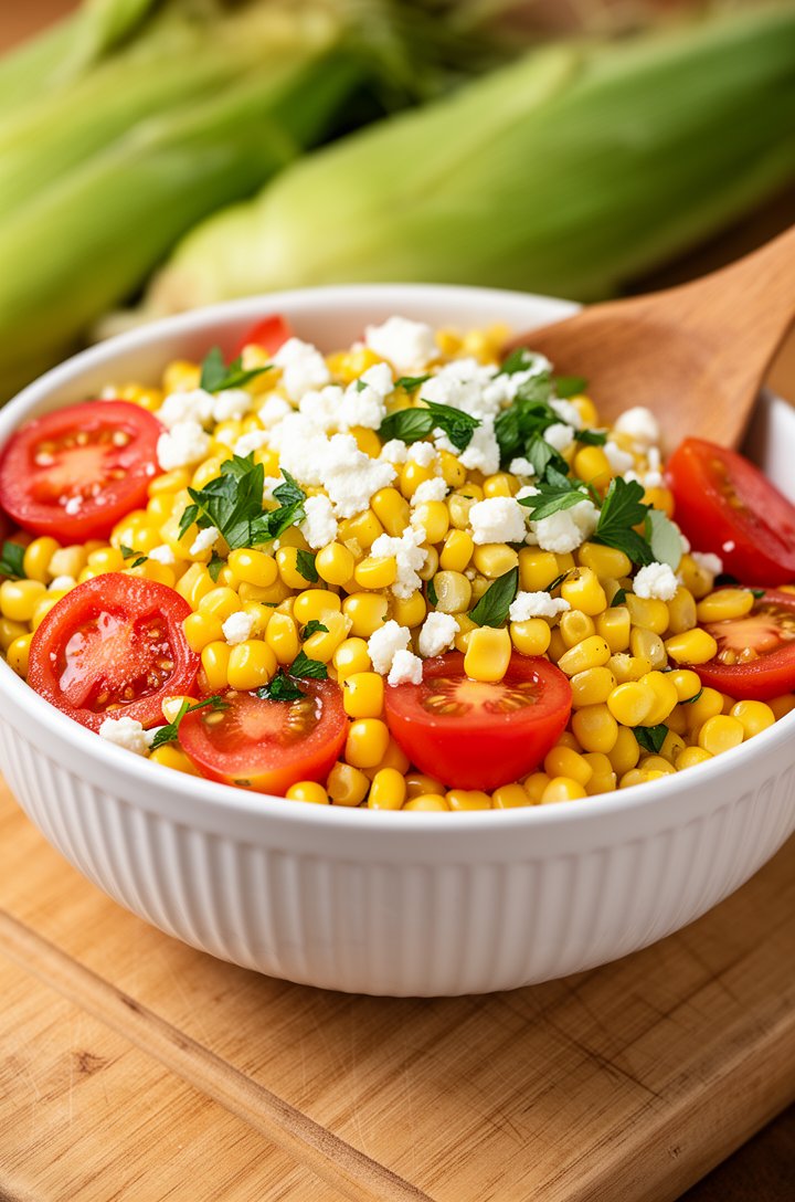 Extreme close-up 45-degree angle of the finished corn salad in a white ridged ceramic bowl on a natural wood cutting board, glistening golden corn kernels coated in vinaigrette, bright red tomato halv