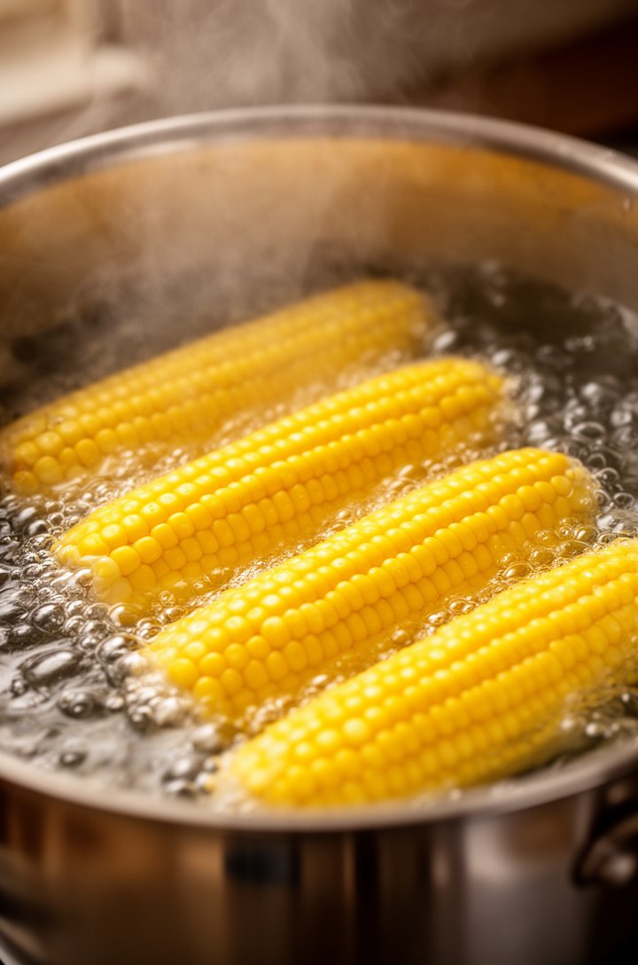Side-angle close-up of four ears of bright yellow corn submerged in rapidly boiling water in a large stainless steel pot, steam rising, bubbles visible around the corn, warm kitchen lighting, sharp focus on the corn with slightly blurred pot edges