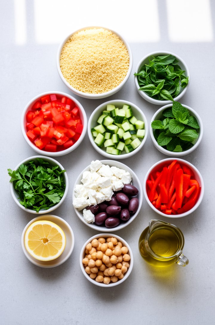 Overhead flat-lay of couscous salad ingredients arranged in separate small bowls on a light gray surface — a bowl of dry couscous, diced red tomatoes, cubed cucumber, sliced purple kalamata olives, cr