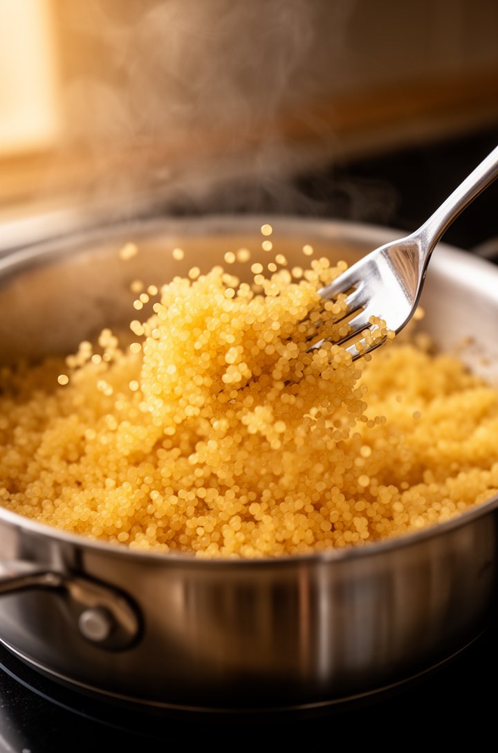 Close-up 45-degree angle shot of fluffy golden couscous being fluffed with a fork in a medium saucepan, individual grains clearly visible and separated, steam gently rising, warm kitchen lighting from