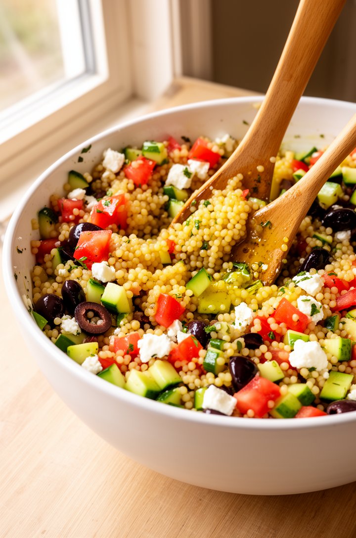 Side-angle shot of a large white ceramic bowl filled with colorful Mediterranean couscous salad being tossed with wooden serving spoons, showing the mixture of golden couscous grains, bright red tomat