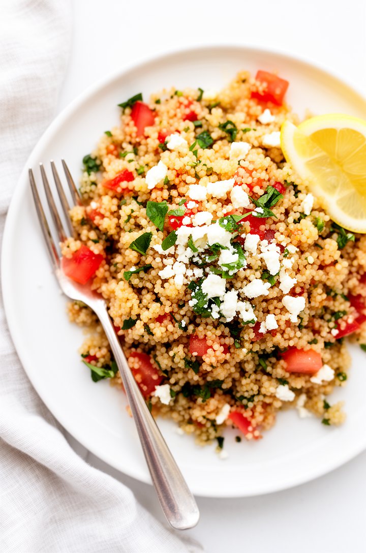 Overhead close-up of a single generous serving of couscous salad on a white plate with a silver fork, showing the detailed texture of individual couscous grains coated in dressing, visible red tomato