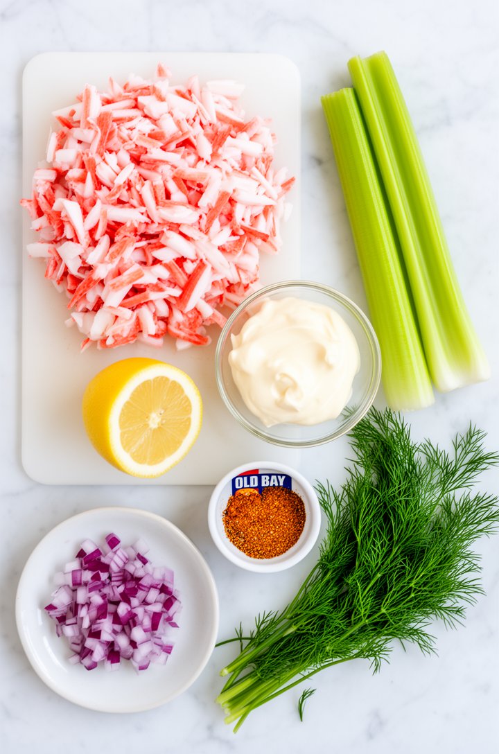 Overhead flat-lay of crab salad ingredients arranged on a white marble surface — a mound of pink-and-white imitation crab meat on a cutting board, a small glass bowl of creamy mayonnaise, half a lemon